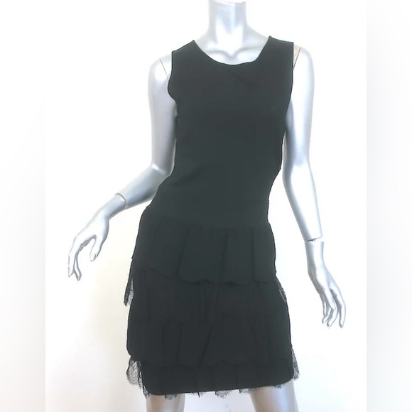 VALENTINO TIERED RUFFLED STRETCH KNIT & LACE
SLEEVELESS DRESS BLACK vintage - Picture 1 of 8